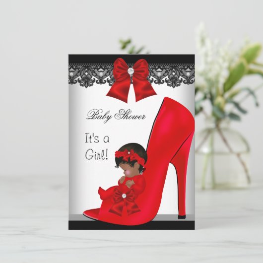 アフリカ系アメリカ人ベイビーシャワーガールレッドシューレース 招待状 (スタンド正面)