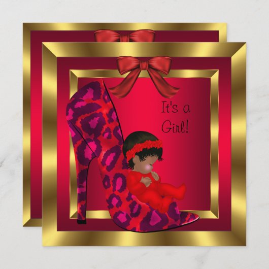 アフリカ系アメリカ人ベイビーシャワーガールレッドシュー金ゴールド 招待状 (正面/裏面)