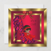 アフリカ系アメリカ人ベイビーシャワーガールレッドシュー金ゴールド 招待状 (正面)