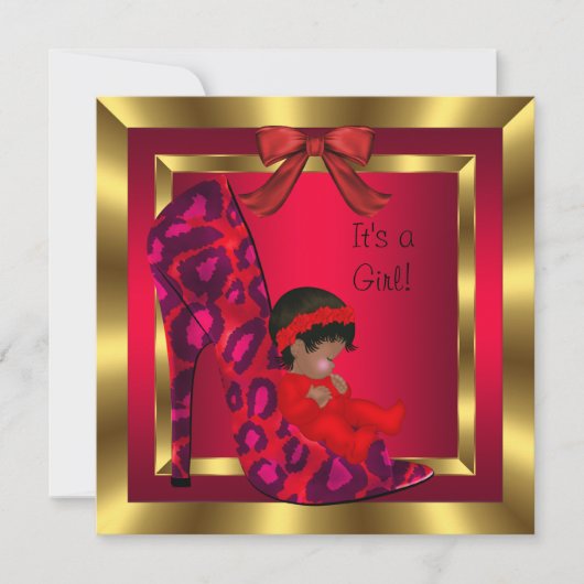 アフリカ系アメリカ人ベイビーシャワーガールレッドシュー金ゴールド 招待状 (正面)