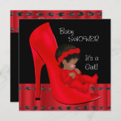 アフリカ系アメリカ人ベイビーシャワーガールレッドシュー2 招待状 (正面/裏面)