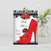 アフリカ系アメリカ人ベイビーシャワーガールレッドベビーシューズ2 招待状 (スタンド正面)