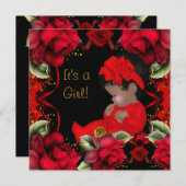 アフリカ系アメリカ人ベイビーシャワーガールレッドローズ 招待状 (正面/裏面)