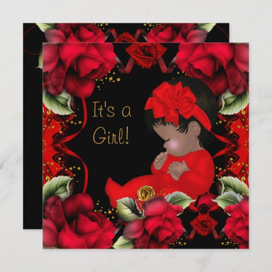 アフリカ系アメリカ人ベイビーシャワーガールレッドローズ 招待状 (正面/裏面)
