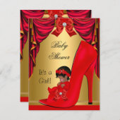 アフリカ系アメリカ人ベイビーシャワーガールレッド金ゴールド靴 招待状 (正面/裏面)