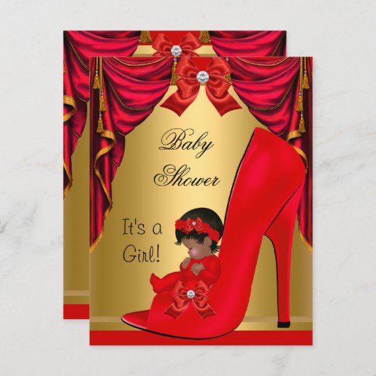 アフリカ系アメリカ人ベイビーシャワーガールレッド金ゴールド靴 招待状 (正面/裏面)