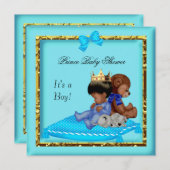 アフリカ系アメリカ人ベイビーシャワーブルー金ゴールドボーイプリンス 招待状 (正面/裏面)