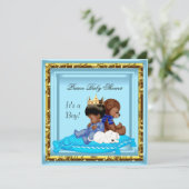 アフリカ系アメリカ人ベイビーシャワーブルー金ゴールドボーイプリンス 招待状 (スタンド正面)