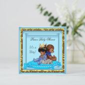 アフリカ系アメリカ人ベイビーシャワーブルー金ゴールドボーイプリンス 招待状 (スタンド正面)