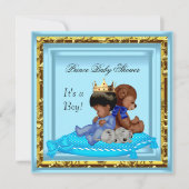 アフリカ系アメリカ人ベイビーシャワーブルー金ゴールドボーイプリンス 招待状 (正面)