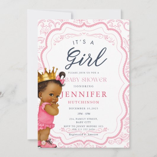 アフリカ系アメリカ人ベビーガールプリンセスベビーシャワー 招待状 (正面)
