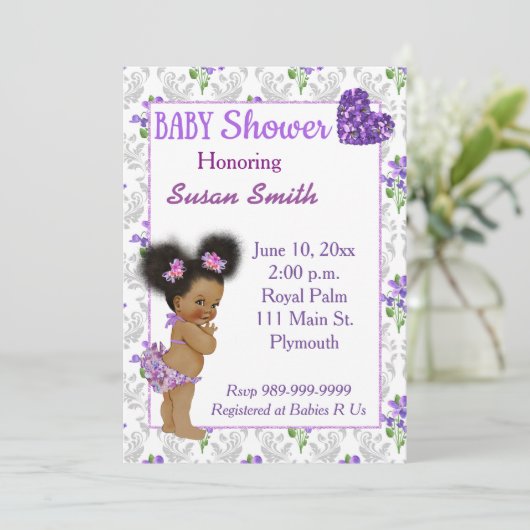 アフリカ系アメリカ人ベビーガール赤ちゃんシャワー 招待状 (スタンド正面)