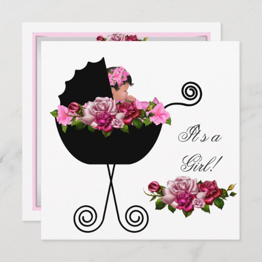アフリカ系アメリカ人ベビーシャワーかわいい女の子ピンクのバラ 招待状 (正面/裏面)