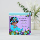 アフリカ系アメリカ人ベビーシャワーガールティール(緑がかった色)ブルーパープル 招待状 (スタンド正面)