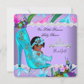 アフリカ系アメリカ人ベビーシャワーガールティール（緑がかった色）紫 招待状 (正面)