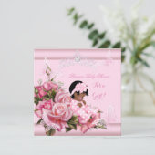 アフリカ系アメリカ人ベビーシャワーガールバタフライピンク 招待状 (スタンド正面)