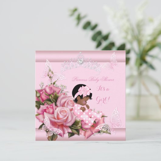 アフリカ系アメリカ人ベビーシャワーガールバタフライピンク 招待状 (スタンド正面)