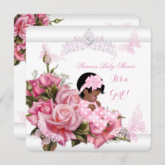 アフリカ系アメリカ人ベビーシャワーガールバタフライピンクW 招待状 (正面/裏面)
