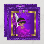 アフリカ系アメリカ人ベビーシャワーガールパープルグリッター 招待状 (正面/裏面)