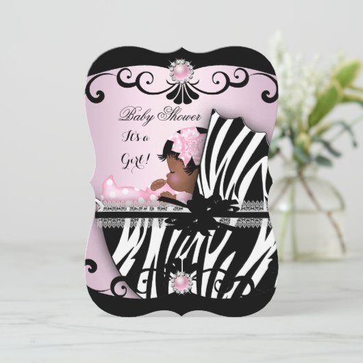 アフリカ系アメリカ人ベビーシャワーガールピンクゼブラ4 招待状 (スタンド正面)