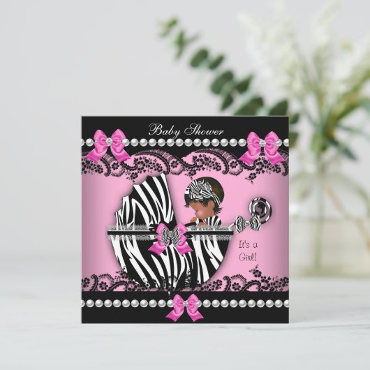 アフリカ系アメリカ人ベビーシャワーガールピンクゼブラ 招待状 (スタンド正面)