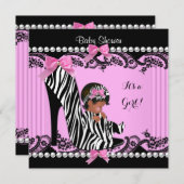 アフリカ系アメリカ人ベビーシャワーガールホットピンクゼブラ3 招待状 (正面/裏面)