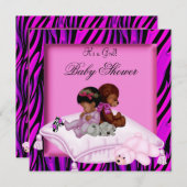 アフリカ系アメリカ人ベビーシャワーガールホットピンクゼブラ 招待状 (正面/裏面)