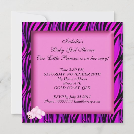 アフリカ系アメリカ人ベビーシャワーガールホットピンクゼブラ 招待状 (裏面)