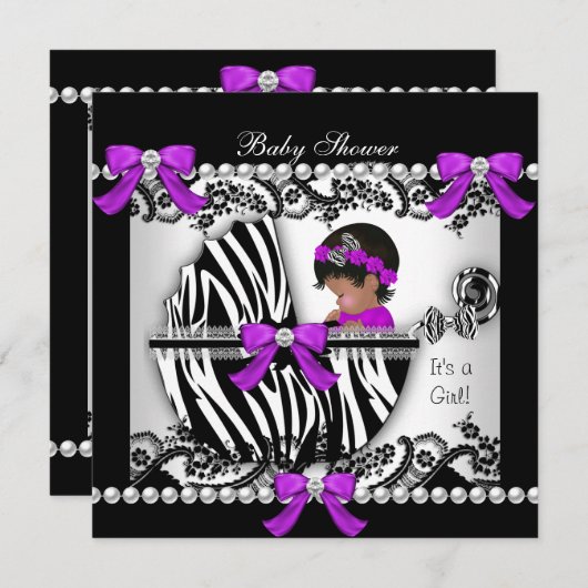 アフリカ系アメリカ人ベビーシャワーベビーかわいいガールゼブラ 招待状 (正面/裏面)