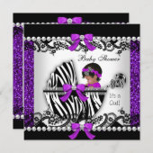 アフリカ系アメリカ人ベビーシャワーベビーガールグリッター 招待状 (正面/裏面)