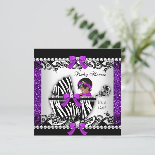 アフリカ系アメリカ人ベビーシャワーベビーガールグリッター 招待状 (スタンド正面)