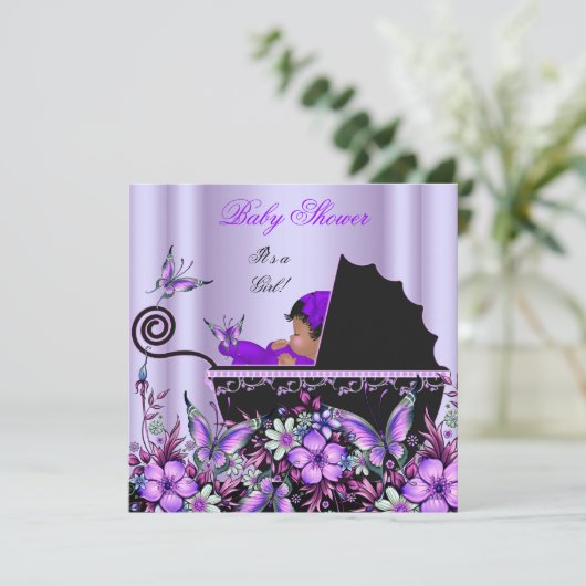 アフリカ系アメリカ人ベビーシャワーベビーガールパープル 招待状 (スタンド正面)