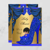 アフリカ系アメリカ人ベビーシャワーボーイブルー金ゴールド靴 招待状 (正面/裏面)