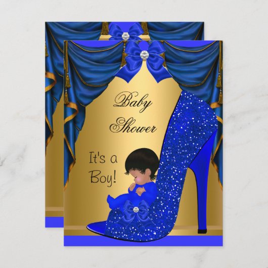 アフリカ系アメリカ人ベビーシャワーボーイブルー金ゴールド靴 招待状 (正面/裏面)