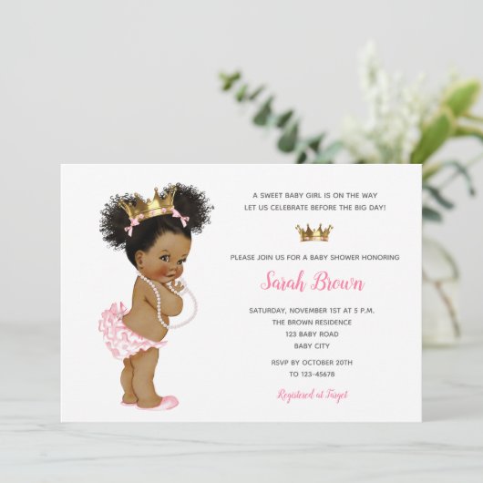 アフリカ系アメリカ人ベビーヴィンテージプリンセスピンク 招待状 (スタンド正面)