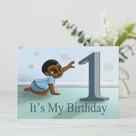 アフリカ系アメリカ人ボーイファースト誕生日パーティー 招待状 (スタンド正面)