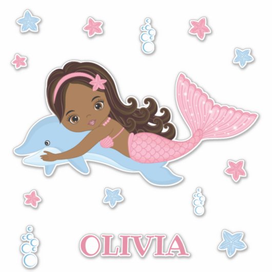 アフリカ系アメリカ人マーメイドとドルフィンビニールのシール シール (正面)