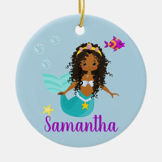 アフリカ系アメリカ人マーメイドカーリーヘア族カスタム民族 セラミックオーナメント (正面)