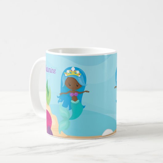 アフリカ系アメリカ人マーメイドガールかわいいカスタム子たち コーヒーマグカップ (正面左)