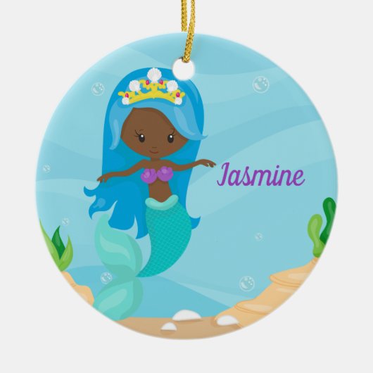 アフリカ系アメリカ人マーメイドガールかわいいカスタム子たち セラミックオーナメント (正面)