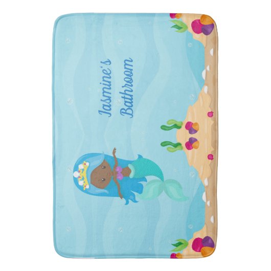 アフリカ系アメリカ人マーメイドガールかわいいカスタム子たち バスマット (正面縦)