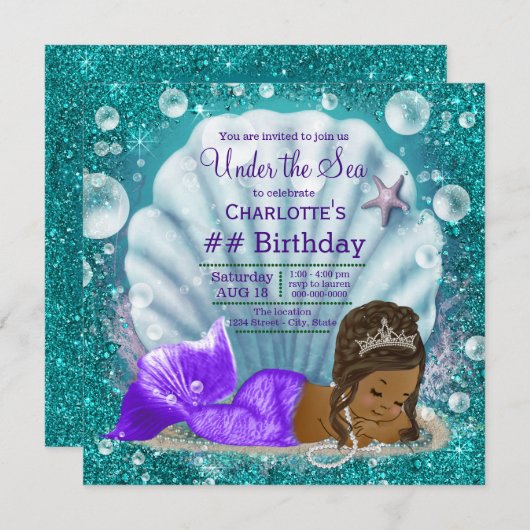 アフリカ系アメリカ人マーメイドザシー誕生日 招待状 (正面/裏面)