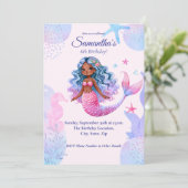 アフリカ系アメリカ人マーメイドピンクと紫のパーティー 招待状 (スタンド正面)