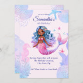 アフリカ系アメリカ人マーメイドピンクと紫のパーティー 招待状 (正面/裏面)