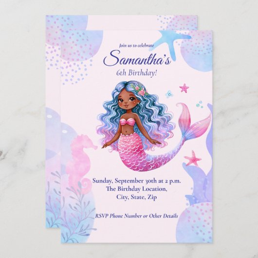 アフリカ系アメリカ人マーメイドピンクと紫のパーティー 招待状 (正面/裏面)