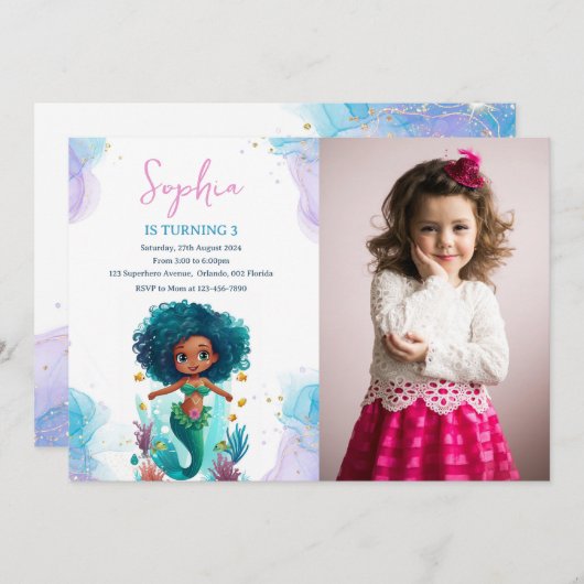 アフリカ系アメリカ人マーメイドフォト誕生日 招待状 (正面/裏面)