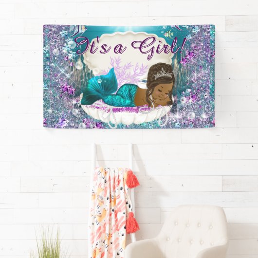 アフリカ系アメリカ人マーメイドプリンセスベビーシャワー 横断幕 (インサイチュ)