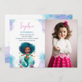 アフリカ系アメリカ人マーメイド写真誕生日 招待状 (正面/裏面)