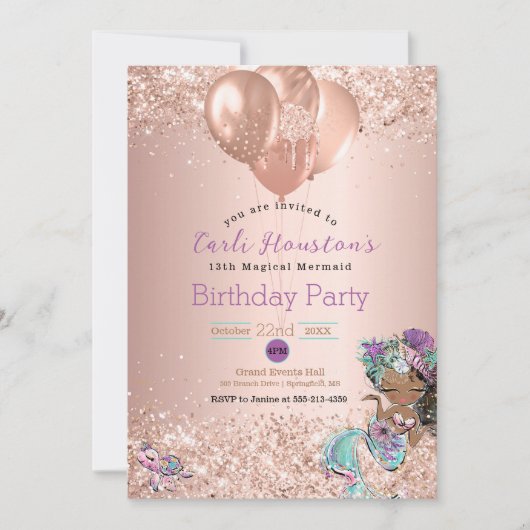 アフリカ系アメリカ人マーメイド誕生日パーティーへの招待 カード (正面)