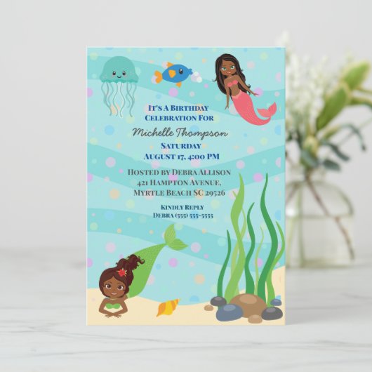 アフリカ系アメリカ人マーメイド誕生日パーティー 招待状 (スタンド正面)